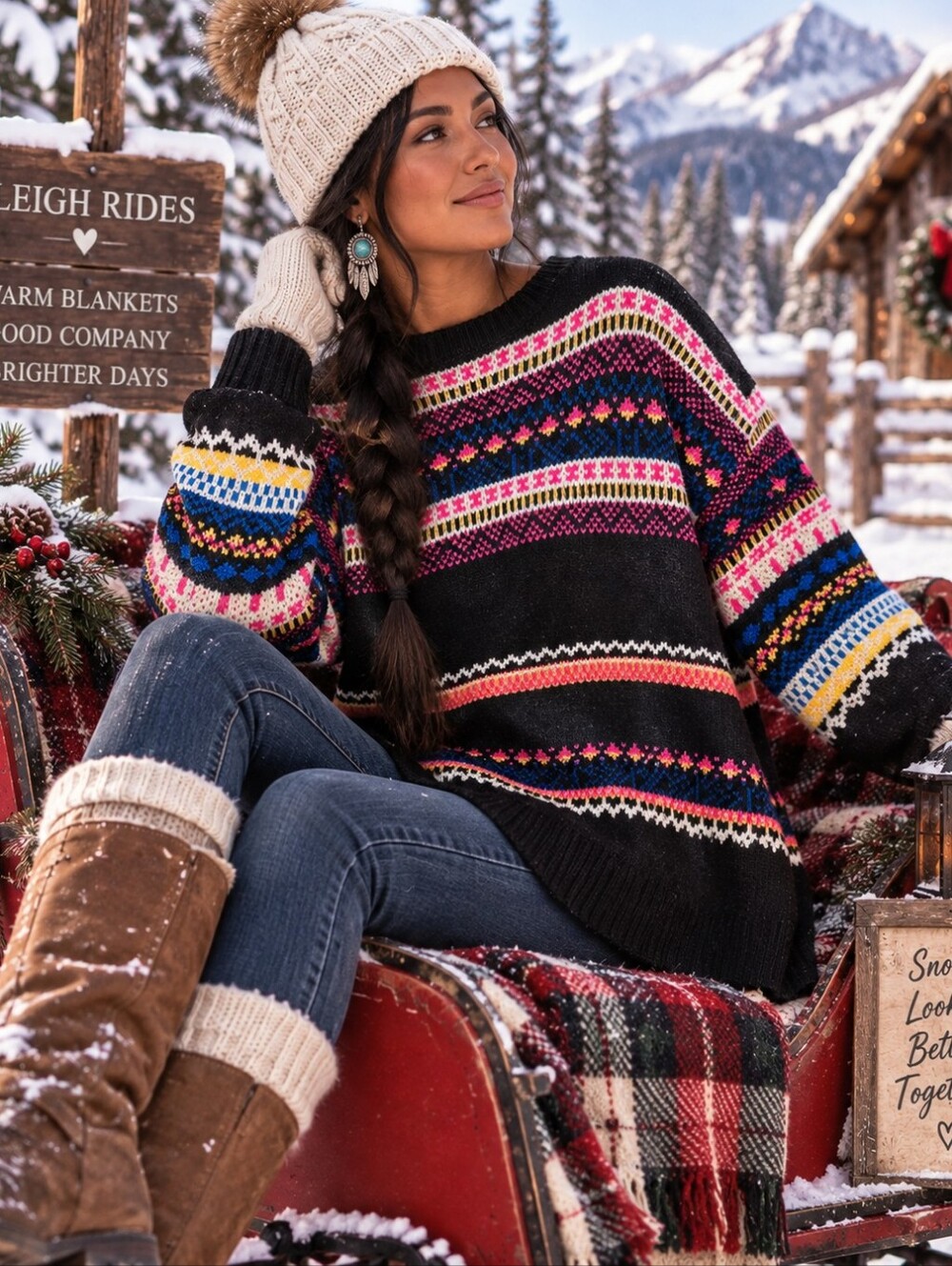 Easel Los Angeles Oversized Fair Isle Boho Sweater Black Multicolor Size S